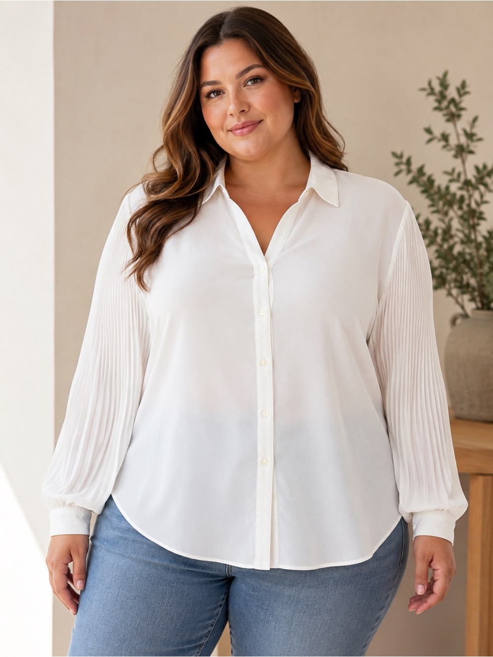 ELLE Classic Chic White Pleated Sleeve Blouse XXL Quiet Luxury Workwear Top